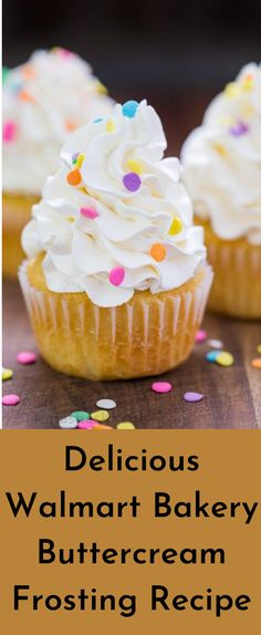 delicious, buttercream frosted cupcakes with white icing and sprinkles