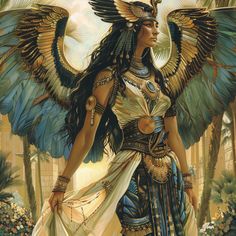 a painting of an egyptian woman with wings