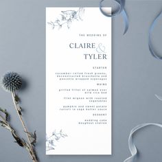 Modern Elegant Chic Blue Wedding  Menu Woodland Theme Wedding, Blue Menu, Venue Illustration, Dusty Blue Wedding, Blue Theme, Dusty Blue Weddings, Wedding Menu Cards, Peach Wedding