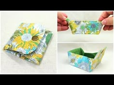 four photos showing how to make an origami box with flowers and leaves on it