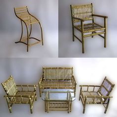 four different types of bamboo furniture with glass top tables and chairs on each side,