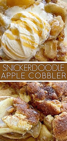 there is a plate with some desserts on it and the words, snickkerdoodle apple cobbler