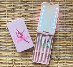 Competition season is upon us and I'm excited to add this travel makeup brush set with lighted & rotating mirror. We are the FIRST shop on Etsy to offer these and they make the perfect stocking stuffer or gift for your dancer or their friends! 💖 These sets are perfect for dancers, cheerleaders, gymnasts, hair & makeup professionals OR anyone on the go. It's the perfect size to throw in your purse, dance bag, or backpack.  BRUSHES ARE INCLUDED!  TO ORDER: ▪️In the personalization section, please list how you would like the case personalized.  Include color for the decal, if you're selecting a dancer or cheer decal. Please also include font color (will need to be different from the decal color).  There is an UPCHARGE on Glitter and GLITTER CAN NOT BE USED ON BOTH DECAL AND NAME.  If choosin Team Sister Gifts, Big Little Dance Sister Gifts, Big Sis Lil Sis Cheer Gift Ideas, Dance Nationals Gift Ideas, Dance Buddy Gifts, Dance Team Gifts Dancers Goody Bags, Dance Big Sister Gift Ideas, Dance Gifts Competition, Cheer Team Gifts For Competition