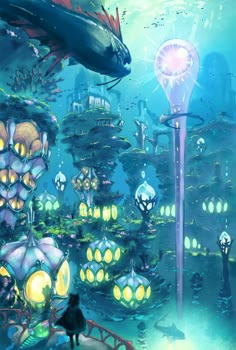 an underwater city with lots of lights on the water and a cat sitting in front of it