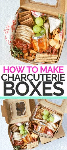 an open box filled with different types of food and the words how to make charcuterie boxes