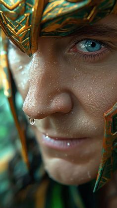 a close up of a person with blue eyes and green hair wearing a gold mask