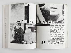 an open book with black and white photos on it's pages, showing the inside page