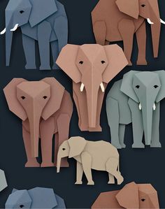 paper cut elephants in various colors on a black background, with one elephant facing the camera