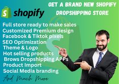 a man in a suit pointing to the side of his shopify ad with text that reads get a brand new shopify dropshiping store