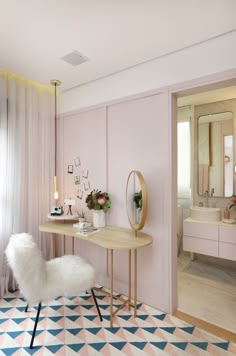 a bedroom with pink walls and flooring has a vanity, mirror, and stool