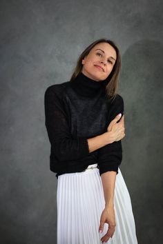 Mohair silk sweater with three-quarter sleeves, black mohair silk pullover, black mohair jumper, bridal sweater, mohair shrugs pullover  This sweater is made from a luxurious and natural blend of mohair and silk. It will look soft and luxurious. It is universal - it will suit both everyday and festive day. You can dress up both with a skirt and with pants. Mohair wears well and lasts a long time, so the sweater will be especially durable. Model is a size S and is wearing a size S. The sweater is Elegant Black Sweater For Evening, Elegant Black Evening Sweater, Elegant Mohair Sweater For Fall, Bridal Sweater, Mohair Jumpers, Three Quarter Sleeves, Three Quarter, Turtleneck Sweater, Jumper