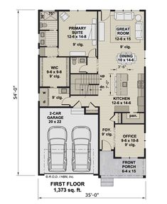 the first floor plan for a two story house with an attached garage and living area