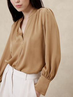 Winter Blouse, Winter Blouses, Banana Republic Factory, Band Collar, Camel Color, Crepe Fabric, Brown Gold, Banana Republic, Solid Colors