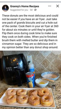 donuts on a plate next to an air fryer and other ingredients for making doughnuts