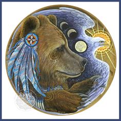 a painting of a bear with feathers on it's head and moon in the background