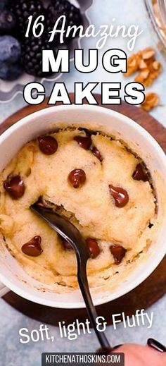 a person is holding a spoon over a bowl of baked goods with the words, 16 amazing mug cakes soft, light and fluffy