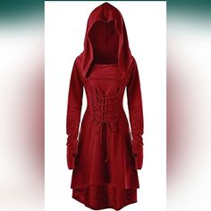 Paxtore Womens Renaissance Costumes Hooded Robe Lace Up Halloween Medieval Cosplay Cloak Vintage High Low Pullover Dress Color: Burgundy Size:Xxl Fabric Type 95% Polyester, 5% Spandex Care Instructions Machine Wash Origin Imported About This Item Material: Polyester, Spandex. Features: High Low Hem, Draped Collar, Lace Up Front And Back, Oversized Hoodie, And Long Sleeves With Thumb Hole. Halloween Renaissance Costumes For Women And Juniors. Fashion And Gothic Style, Combined With The Solid Colo Hooded Fall Costume For Costume Party, Vampire Long Sleeve Costume For Fall, Fall Vampire Costume With Long Sleeves, Gothic Hoodie For Halloween Cosplay, Fall Long Sleeve Larp Costume, Winter Larp Costumes With Long Sleeves, Winter Long Sleeve Larp Costumes, Fitted Long Sleeve Halloween Hoodie, Vampire Style Long Sleeve Dresses For Fall