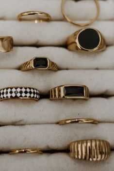 Every Ring Collection needs a black statement ring. This is it. 18k Rich Gold Plated Stainless Steel Filled Water-resistant Tarnish Free Safe to wear in the shower Hypoallergenic for my sensitive skin girls. Luxury Bronze Ring As Gift, Dark Feminine Gifts, Luxury Black Enamel Ring Modern Style, Luxury Yellow Gold Onyx Ring, Stacked Gold Rings Aesthetic, Black Onyx Gold Ring, Black Women Gold Jewelry, Staple Jewelry Pieces, Gold Rings Black Women