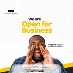 a man holding his hands to his face with the words we are open for business