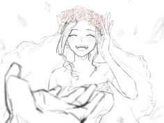 a drawing of a woman holding her hands up to her face with flowers on top of her head