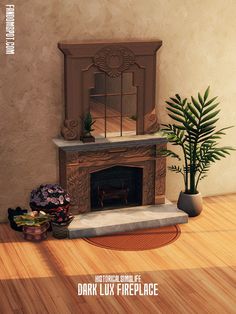 a living room scene with a fireplace and potted plant on the floor in front of it