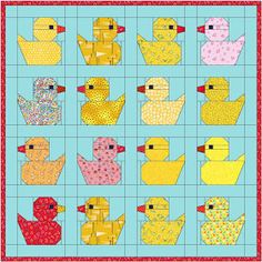 an image of a quilted pattern with ducks and chicks in different colors on it