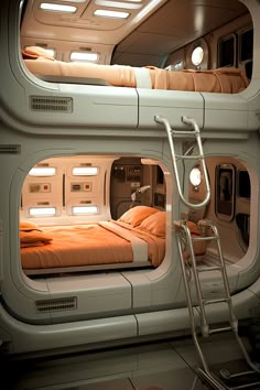 the interior of a space ship with bunk beds and ladders leading up to it