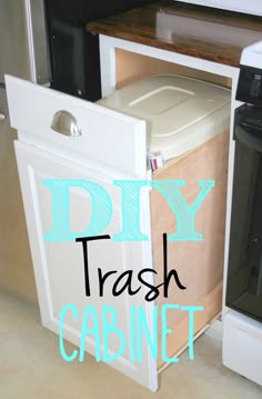 a diy trash cabinet with the words diy trash cabinet in front of it