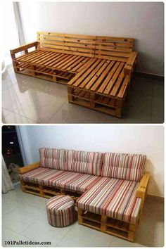 two pictures of a couch made out of wooden pallets and one with striped cushions