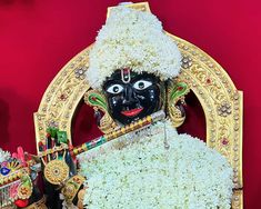 a black mask with white flowers on it sitting in front of a red wall and gold frame