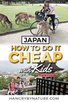 people on bicycles and deer in the background with text japan how to do it cheap with kids