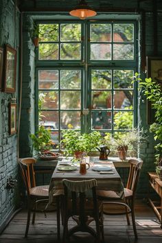 a table and chairs in front of a window with potted plants on the windowsill