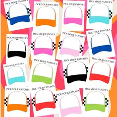 Multi colored hat BUNDLE! You will receive all the colors in the first photo!  This trucker hat bar design template printable is perfect to help your customers bring their vision to life! Simply print and laminate and you're ready to go! once customer styles their hat on this printout, transfer to hat and press! Custom orders are welcome! This is a DIGITAL FILE ONLY! Your files will be just like the first photo. The other photos are to show it in action. For a editable version check out this lis Trucker Hat Template Free Printable, Customizable Multicolor Snapback Baseball Cap, Customizable Multicolor Baseball Cap, Trucker Hat Template, Hat Template Free Printable, Hat Birthday Party, Hat Bar, Hat Template, Hoodie Drawing