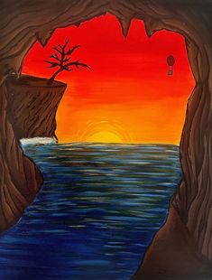 a painting of a sunset over the ocean with a tree in the water and an orange sky