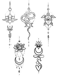 four different tattoo designs with hearts and flowers on them, all drawn in black ink