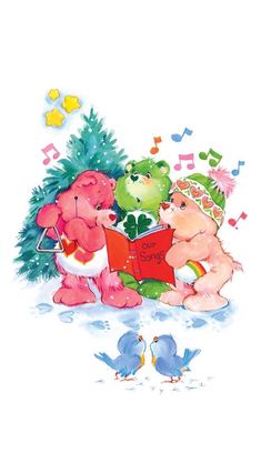 three teddy bears are sitting next to a christmas tree with music notes on it and one bear is holding a book