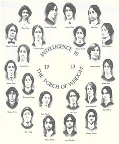 an old poster with women's heads and names in the center, including one woman