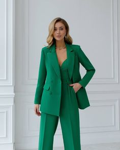 Fabric: Suiting fabric Cotton 65%, Polyester 35% Included: Blazer, Tops, Pants Blazer length: 74 cm/ 29 in Sleeve length: 61 cm/ 24 in Pants length: 116 cm/ 45,6 in 4 Buttons Wide-leg pants Sweetheart top Lining option: Fully-lined Colors: Red, Green, Black, White, Crimson, Pink, Mocha, Electric Blue, Coral Business Casual Three-piece Suit With Long Sleeves, Business Casual Three-piece Suit With Pockets, Three-piece Long Sleeve Suit With Pockets For Business Casual, Long Sleeve Pant Set With Pockets For Work, Solid Color Workwear Pant Set With Pockets, Tailored Sets With Pockets And Suit Collar, Tailored Office Wear Set With Pockets, Spring Green Workwear Pant Set, Spring Workwear Green Pant Set