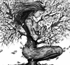 a drawing of a woman sitting on top of a tree with her hair blowing in the wind