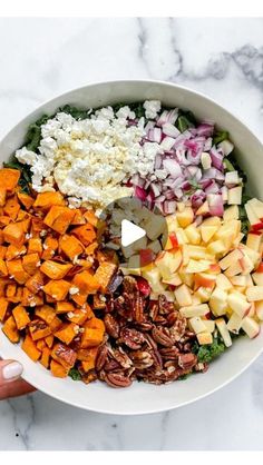 a person holding a bowl filled with chopped vegetables and meats, including apples, onions, pecans, carrots, celery, feta cheese