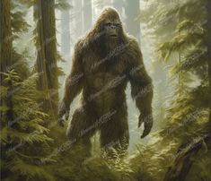 a painting of a bigfoot walking through the woods in front of some tall trees