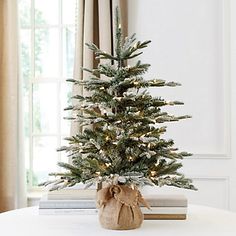 a small christmas tree in a burlap sack on top of a white table