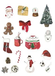 watercolor painting of christmas items and decorations on white background with snowman, santa clause, gingerbread man, tree, gifts