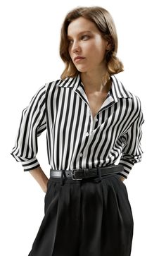 The contrast of classic bold stripes brings out the beauty of a vivid and standout look, showing a more premium fashion taste. The regular fit piece is perfect for "everyday" looks, great with pants and skirts for any work or casual occasions. 16 Momme printed silk twill Classic bold strip Regular Fit White Tops With Signature Stripes For Workwear, Classic Tops With Signature Stripes For Work, Classic Workwear Tops With Signature Stripes, Spring White Shirt With Signature Stripes, White Elegant Top With Contrast Stripes, Elegant White Top With Contrast Stripes, Elegant White Tops With Vertical Stripes, White Shirt With Signature Stripes For Spring, Summer Workwear Shirt With Contrast Stripes