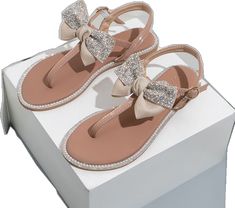 Flip Flops Platform, Beige Sandals Heels, Flat Wedges, Shoes Silver, Diamond Bows, Buckled Flats, Elegant Pattern, Bow Flats, Rhinestone Bow