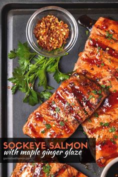 grilled salmon with maple ginger glaze and garnishes on a tray