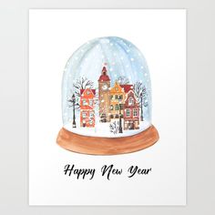 a watercolor drawing of a snow globe with the words happy new year on it