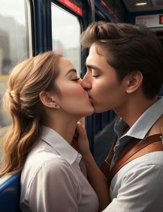 a man and woman kissing on the train