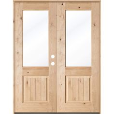 a pair of doors with glass panels on each side and the top panel is made out of wood