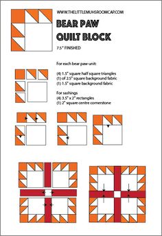 the bear paw quilt block pattern is shown with instructions to make it in red, white and